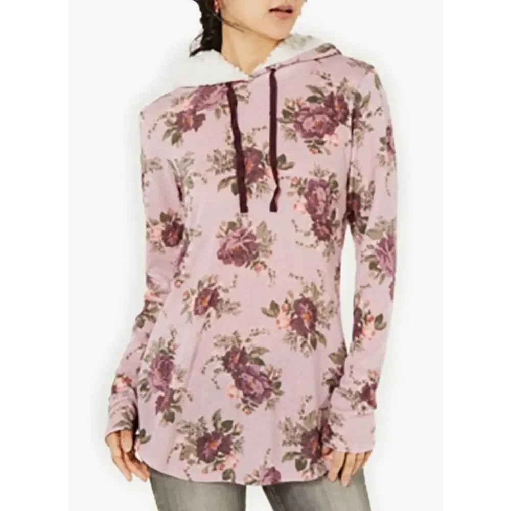 Ultra Flirt Large Gray Lightweight Sherpa Lined Hoodie Pink Floral Tunic To, L - Picture 9 of 9